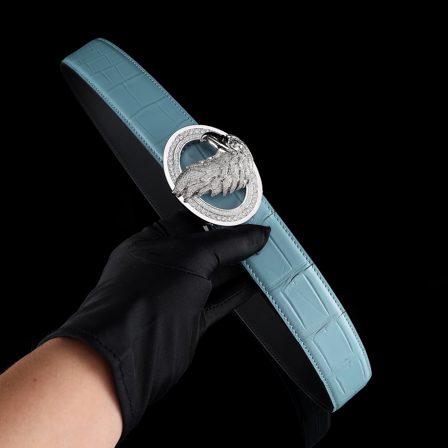 BELTLEY Men’s Authentic Crocodile Belt with Silver Eagle Buckle