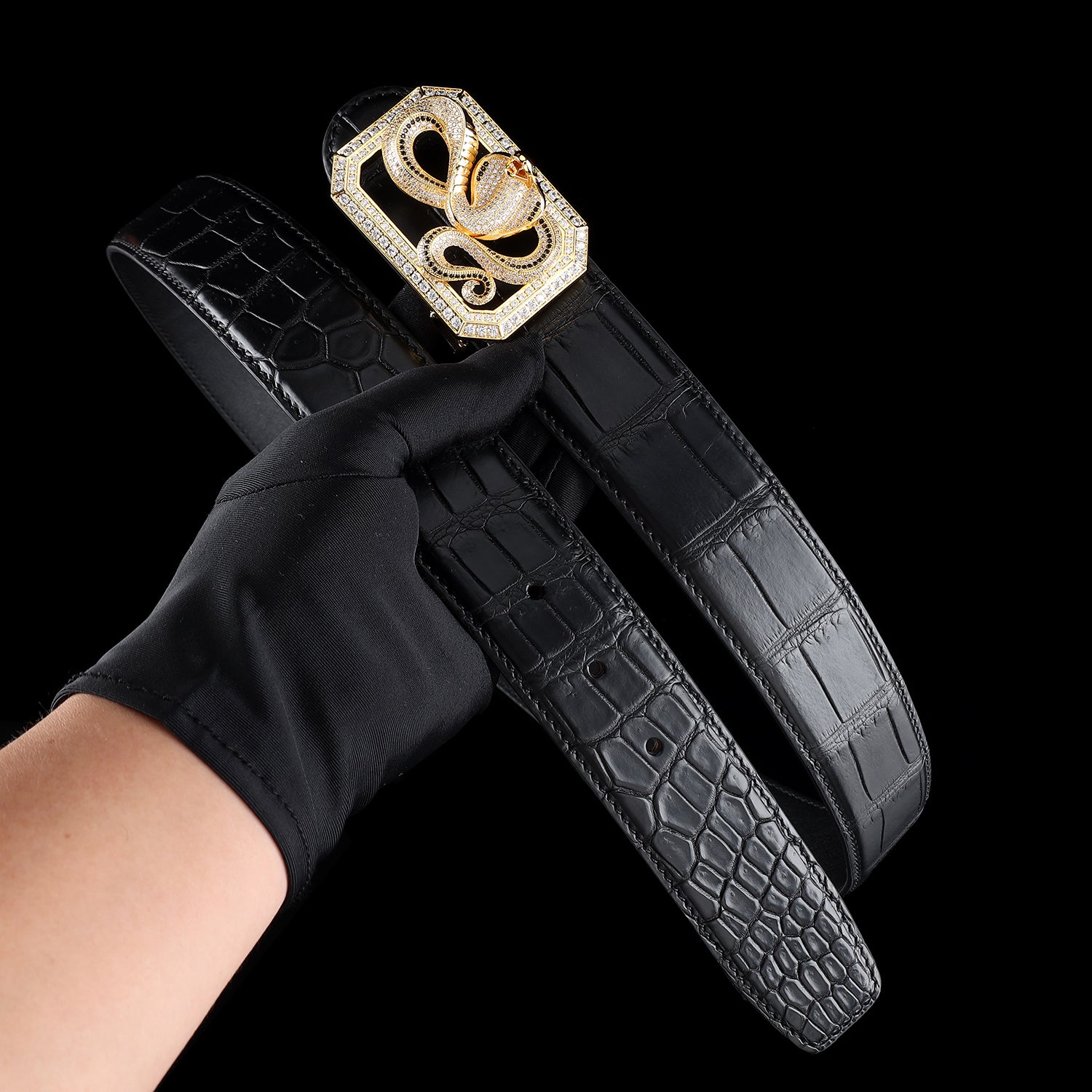 BELTLEY Men's Black Crocodile Belt-Unique Snake Buckle Belt