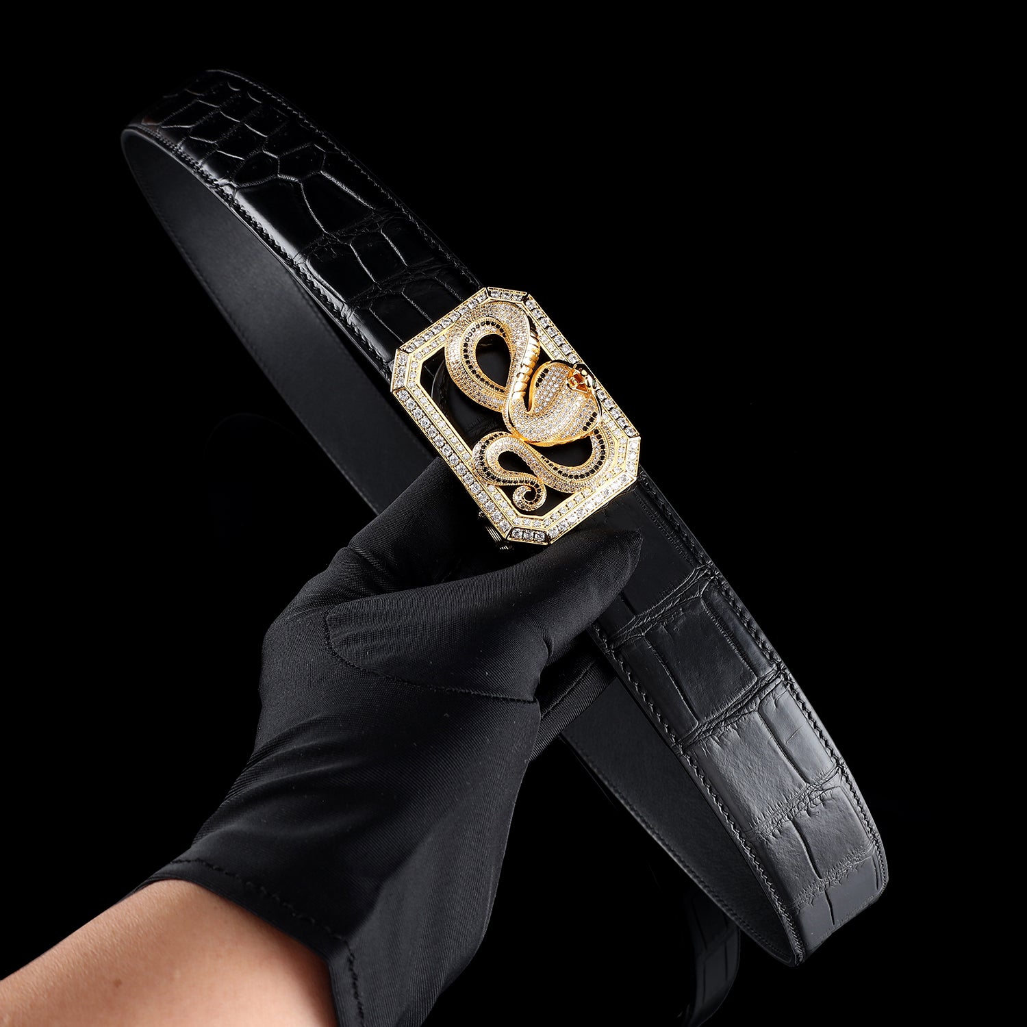 BELTLEY Men's Black Crocodile Belt-Unique Snake Buckle Belt