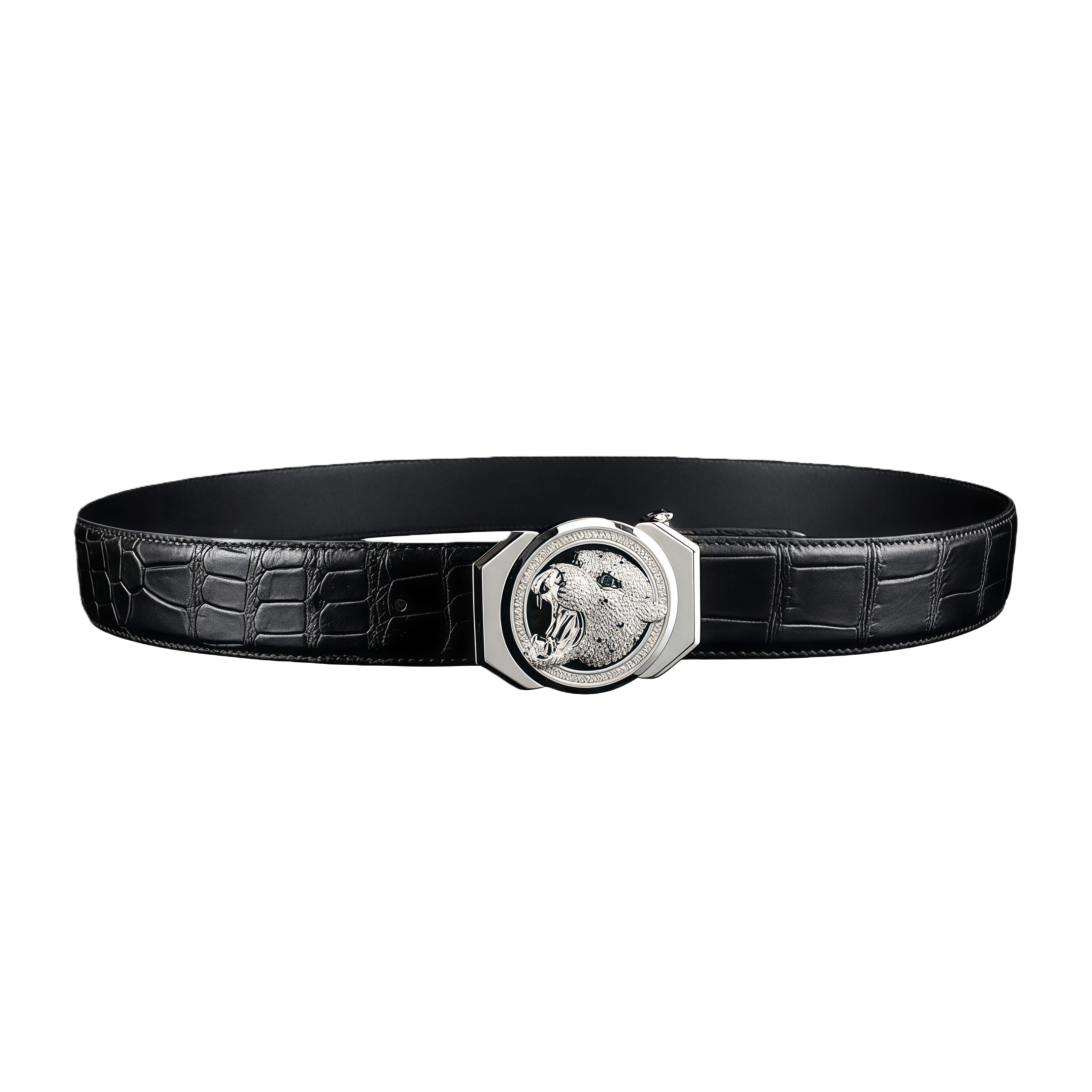BELTLEY Men's Black Crocodile Belt With Soaring Leopard Buckle