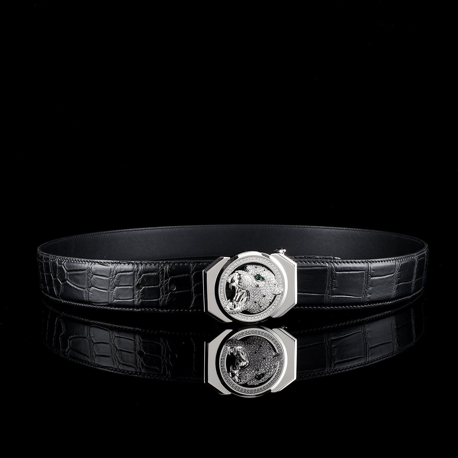 BELTLEY Men's Black Crocodile Belt With Soaring Leopard Buckle