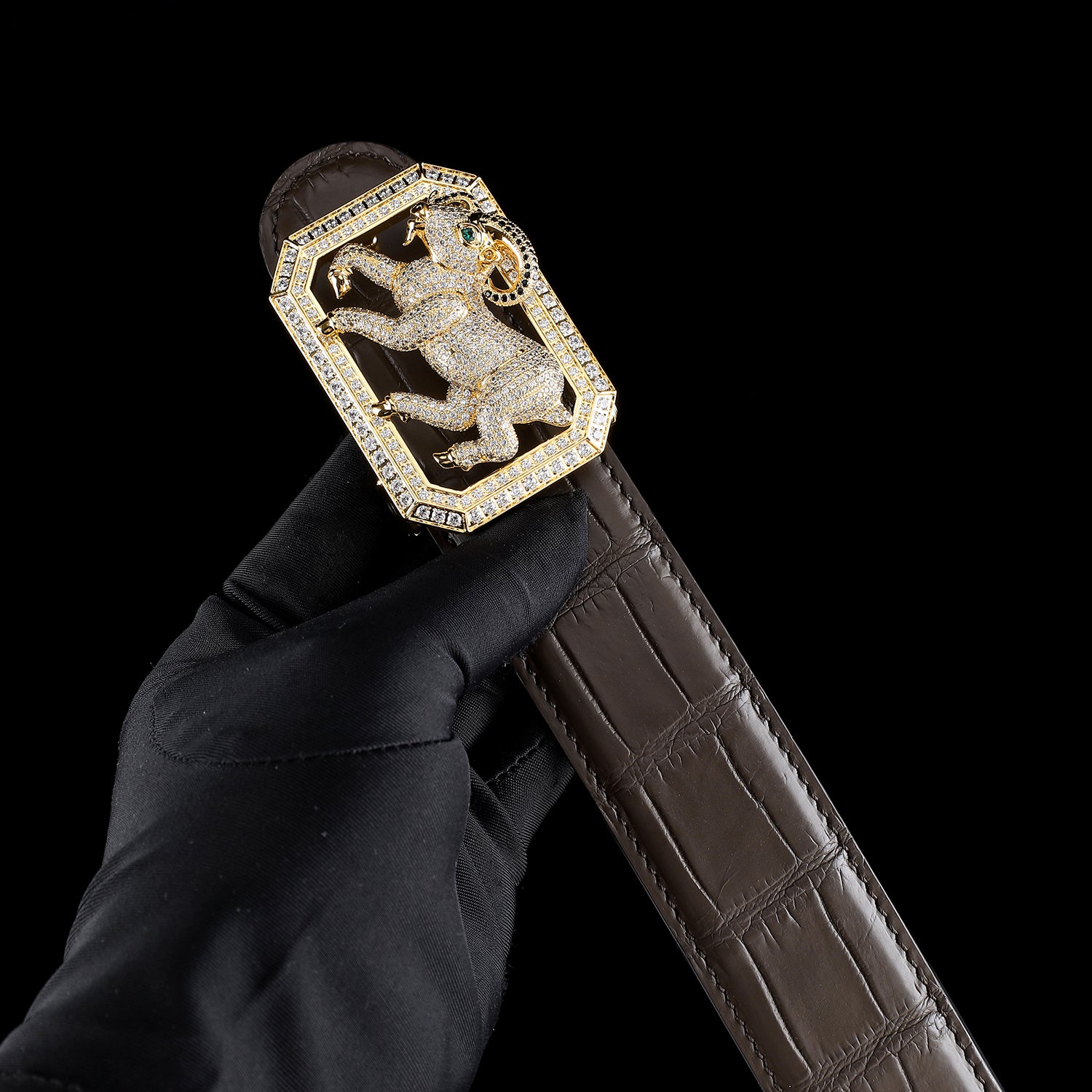 BELTLEY Men’s Dark Brown Crocodile Belt with Goat Buckle