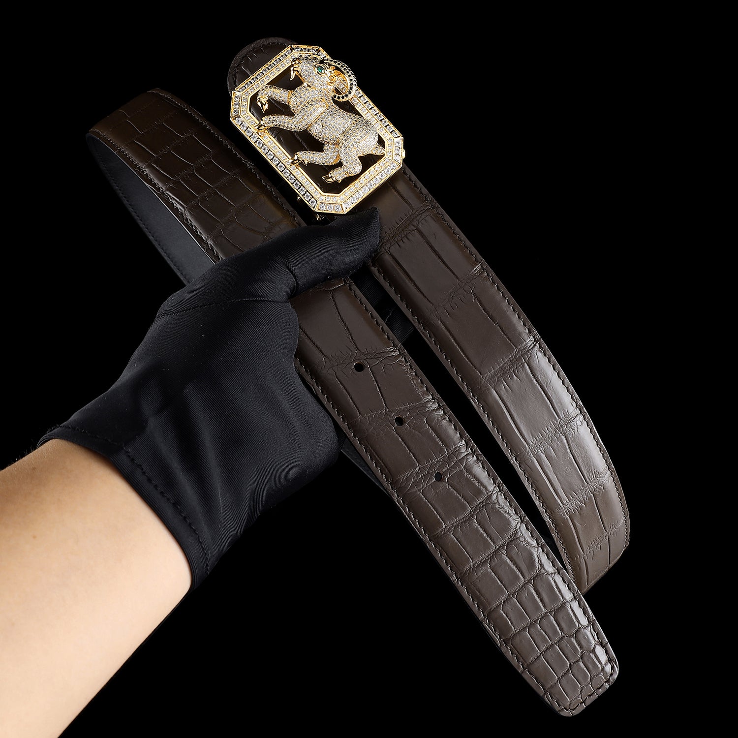 BELTLEY Men’s Dark Brown Crocodile Belt with Goat Buckle