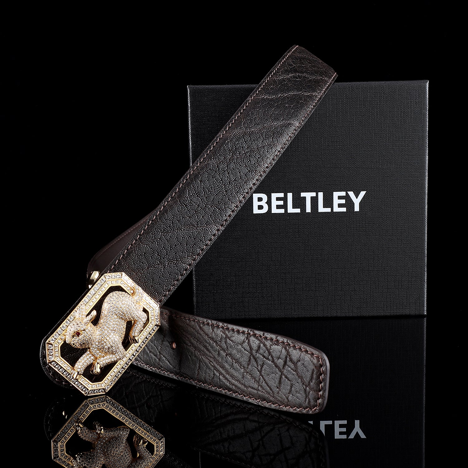 BELTLEY Men's Elephant Hide Belt in Espresso Brown Finish-Rabbit Buckle