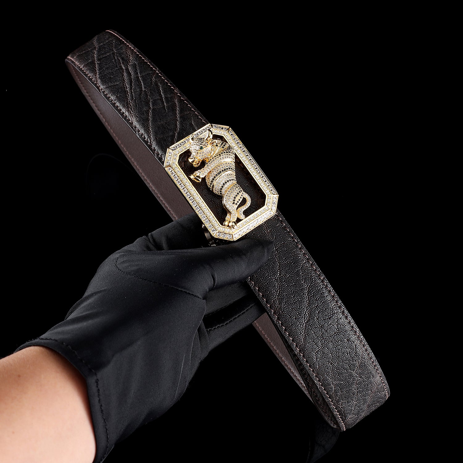 BELTLEY Men's Elephant Hide Belt with Bull Buckle in Espresso Brown Finish