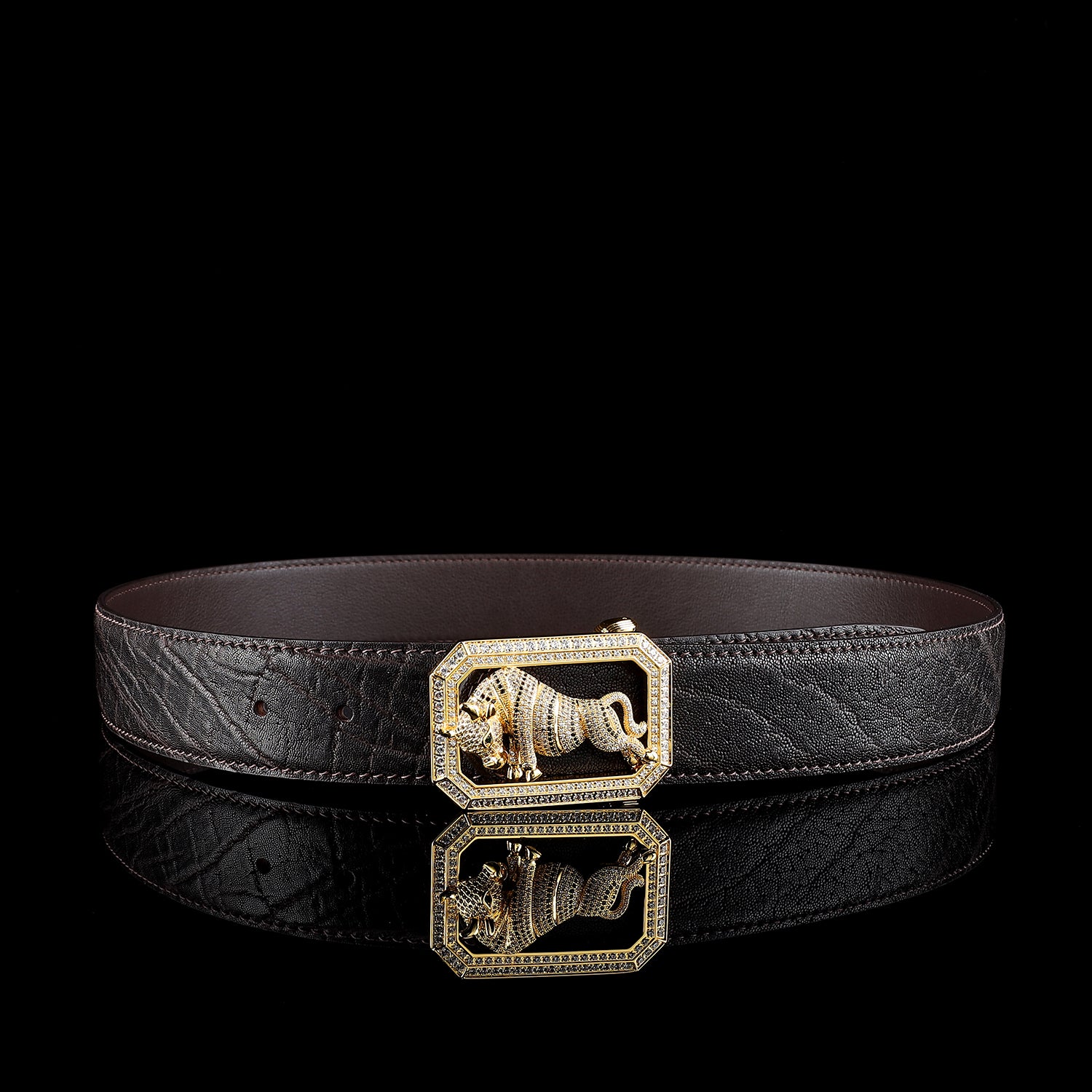 BELTLEY Men's Elephant Hide Belt with Bull Buckle in Espresso Brown Finish