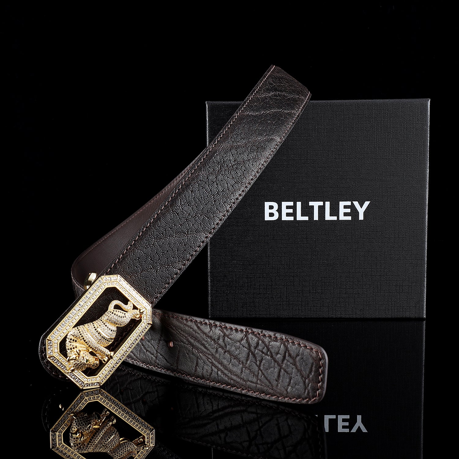 BELTLEY Men's Elephant Hide Belt with Bull Buckle in Espresso Brown Finish