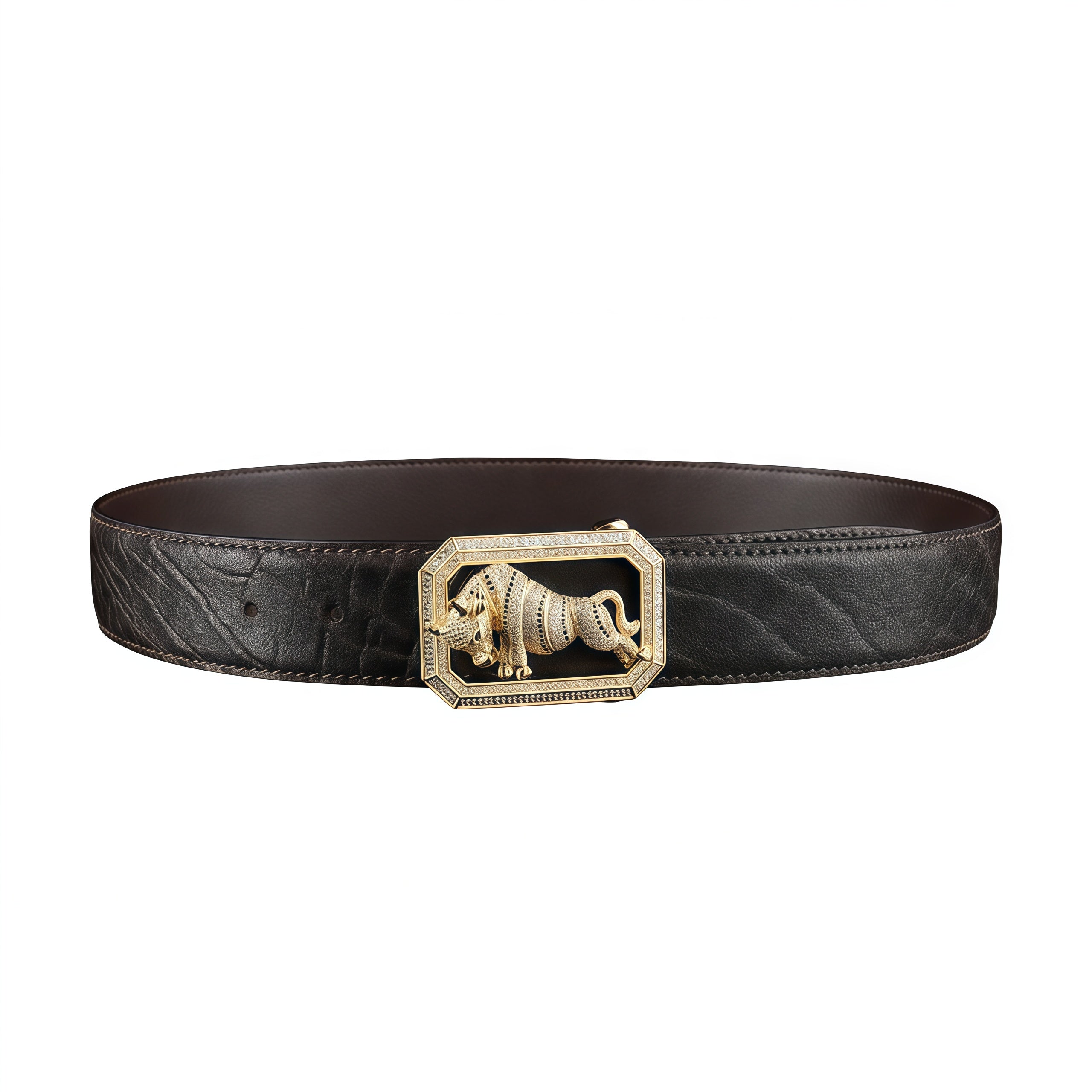 BELTLEY Men's Elephant Hide Belt with Bull Buckle in Espresso Brown Finish
