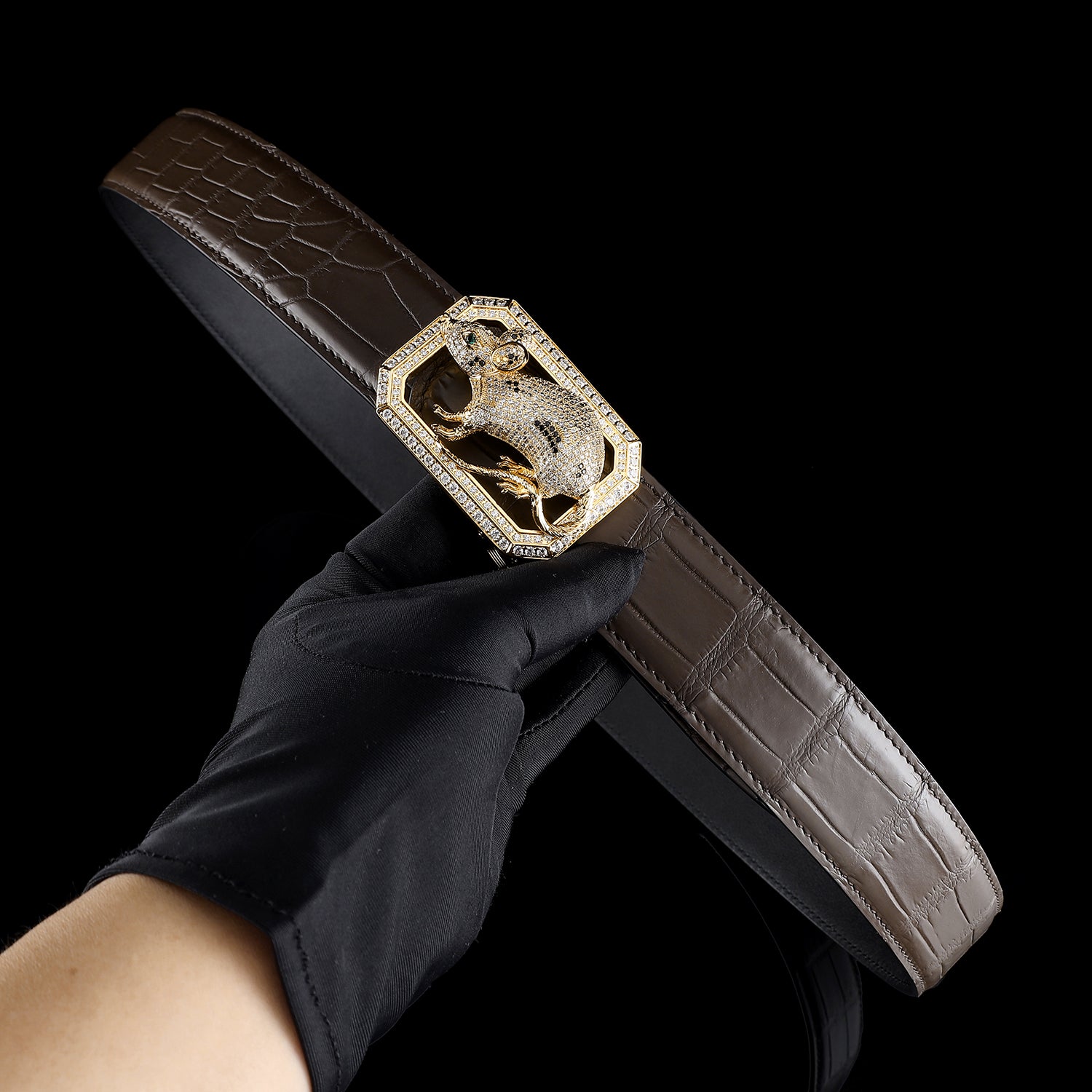 BELTLEY Men’s Espresso Crocodile Belt with Rat Buckle