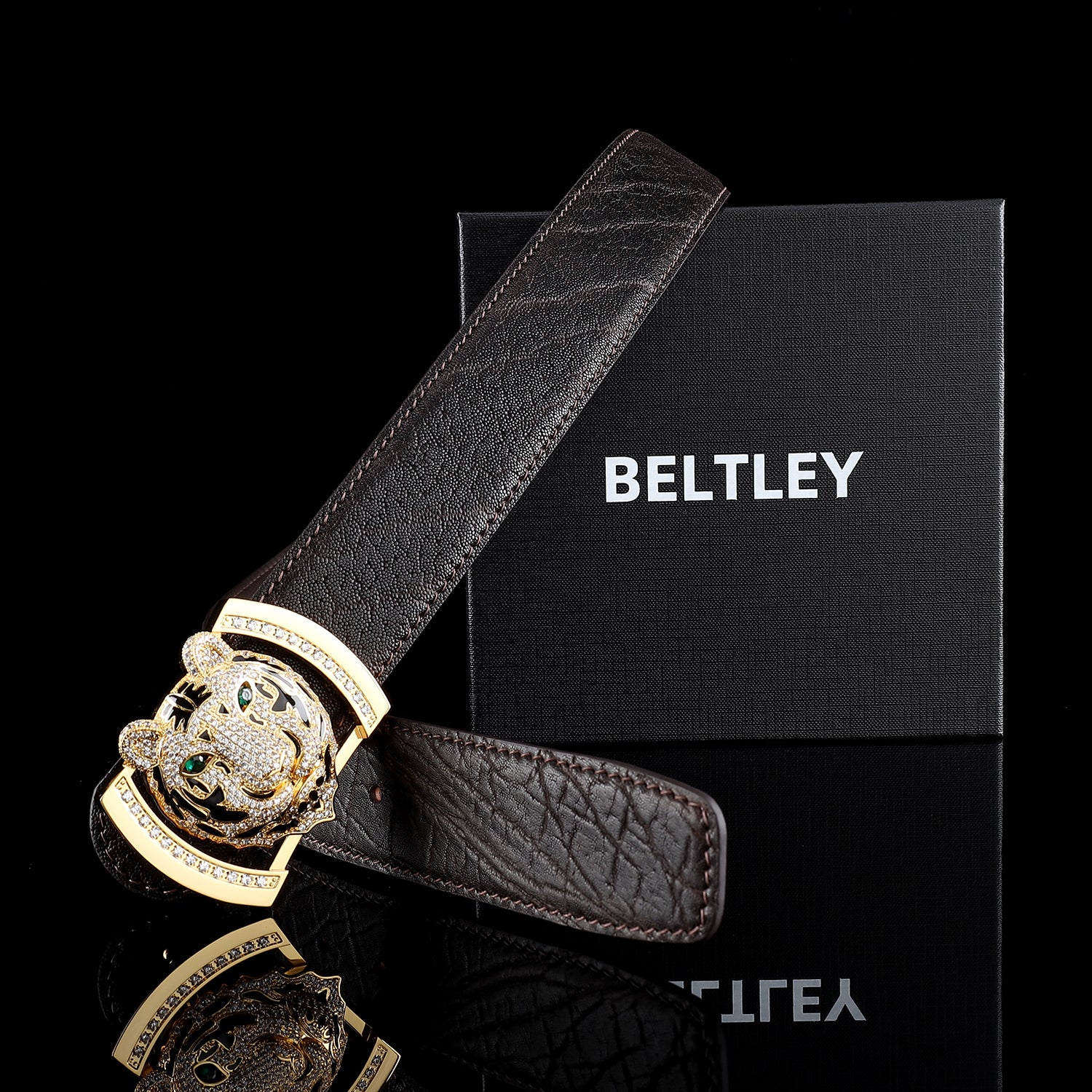 BELTLEY Men's Espresso Elephant Leather Belt With 3D Tiger Buckle