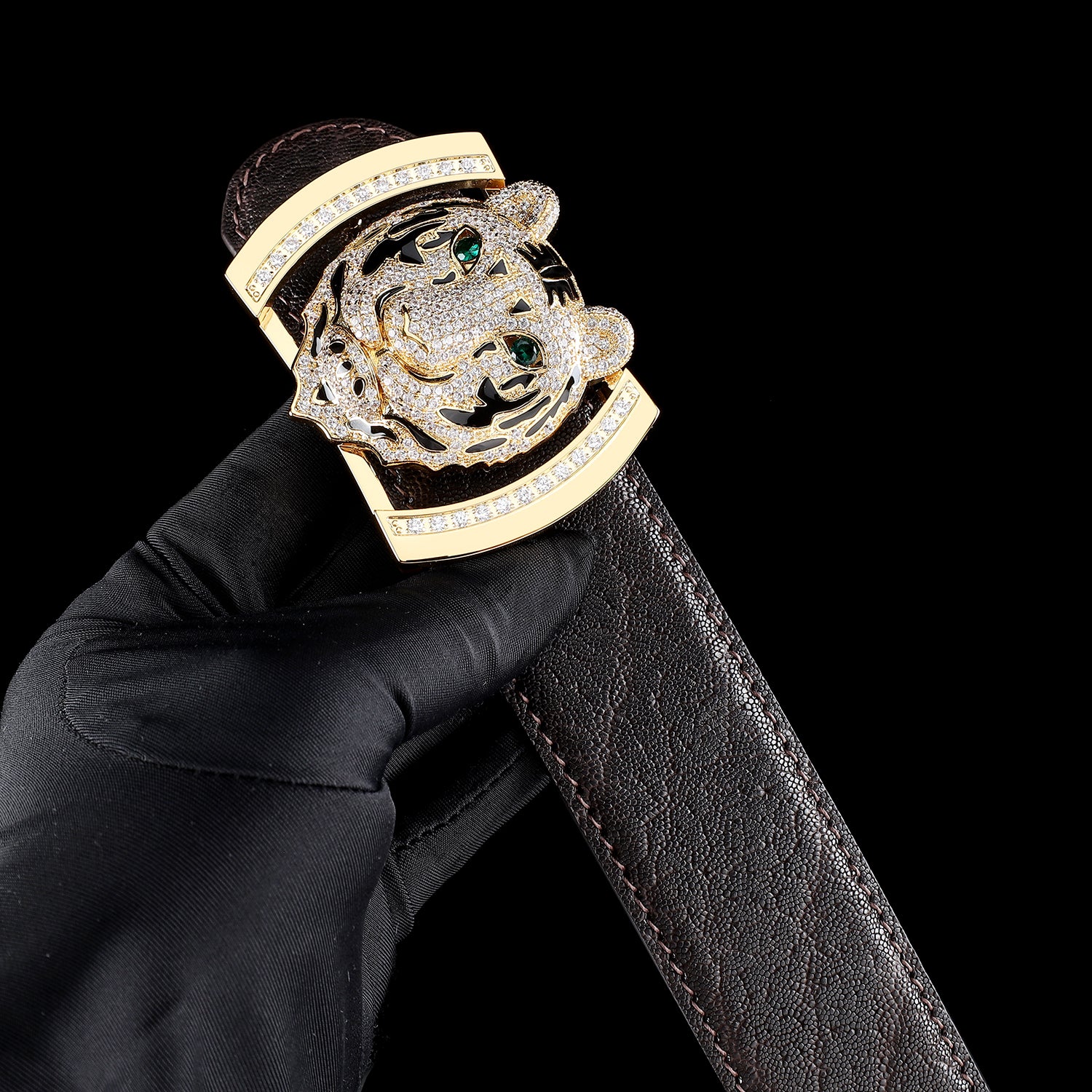 BELTLEY Men's Espresso Elephant Leather Belt With 3D Tiger Buckle