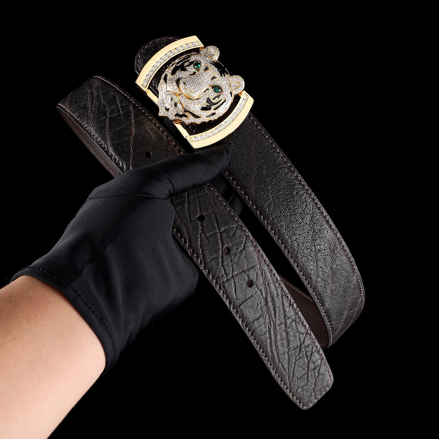 BELTLEY Men's Espresso Elephant Leather Belt With 3D Tiger Buckle