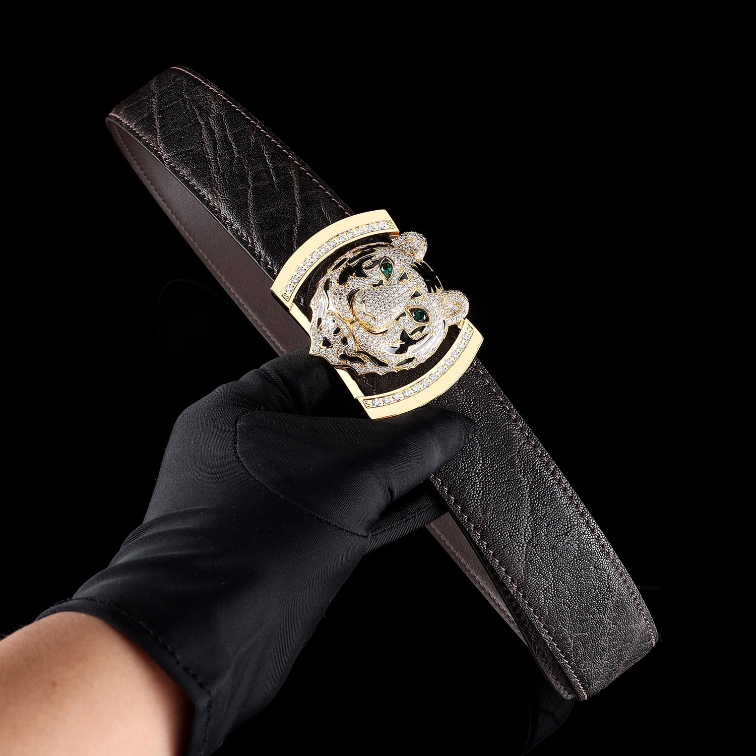 BELTLEY Men's Espresso Elephant Leather Belt With 3D Tiger Buckle