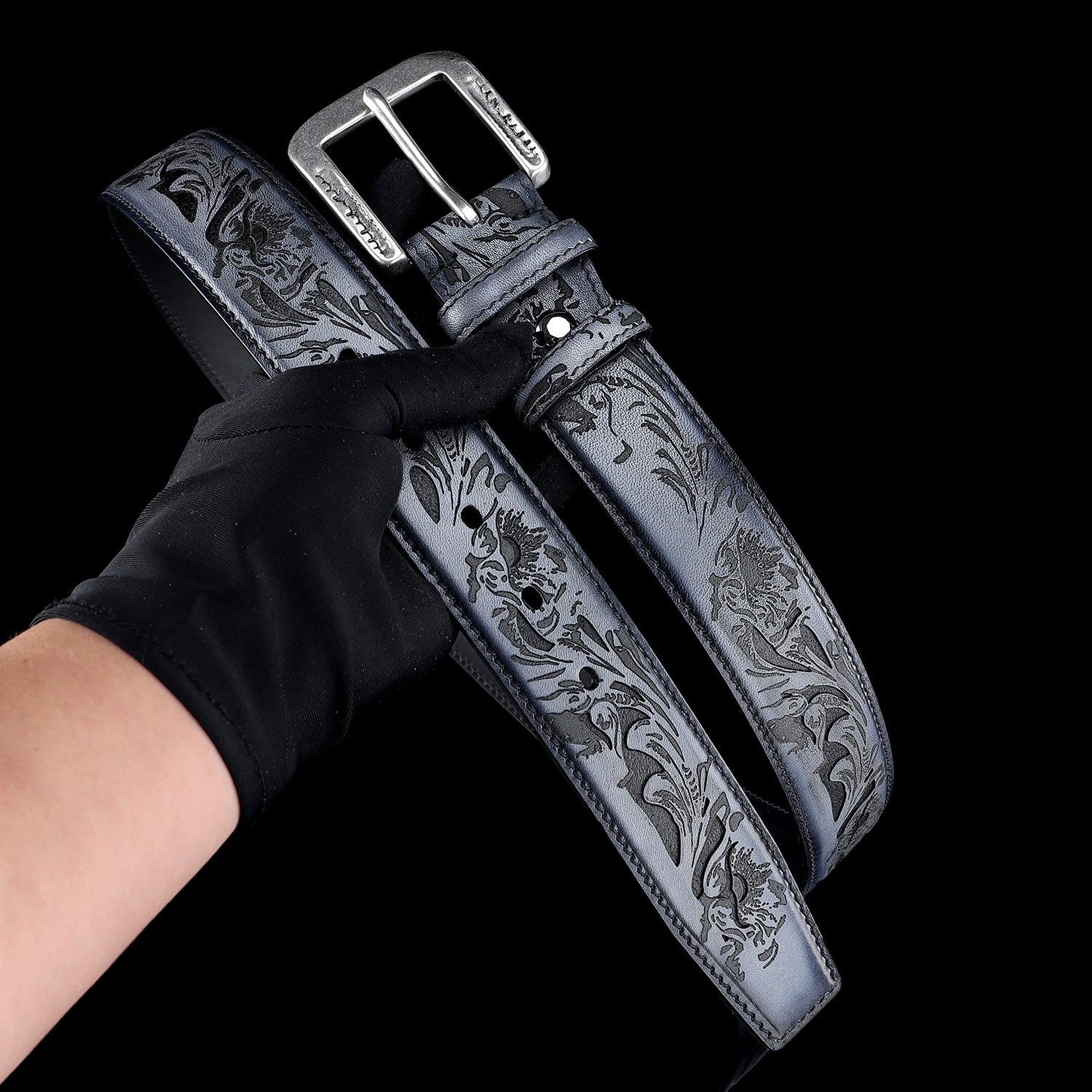 BELTLEY Men’s Floral Leather Belt – Hand-Dyed Midnight Blue