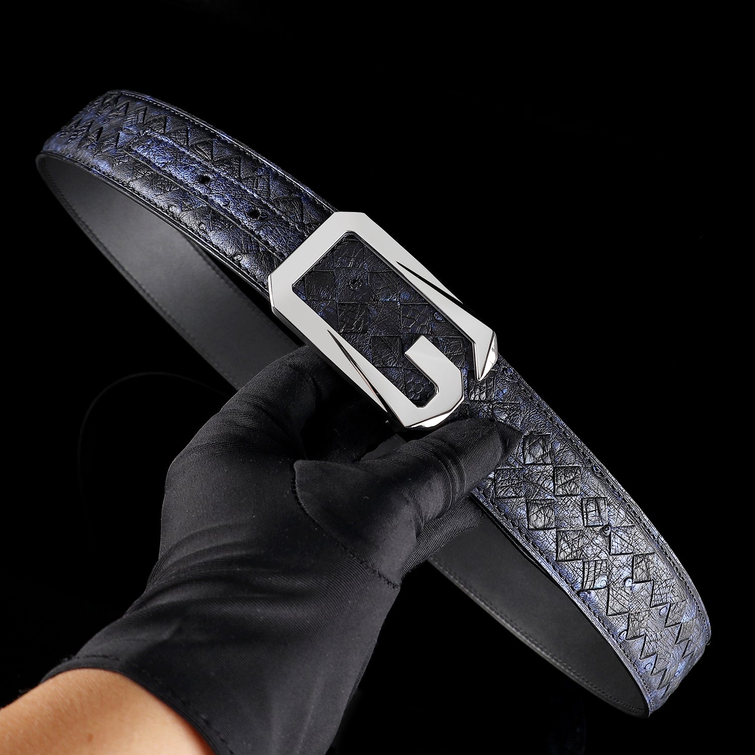 Men’s Handwoven Ostrich Leather Belt With G Buckle — additional view 12 | BELTLEY