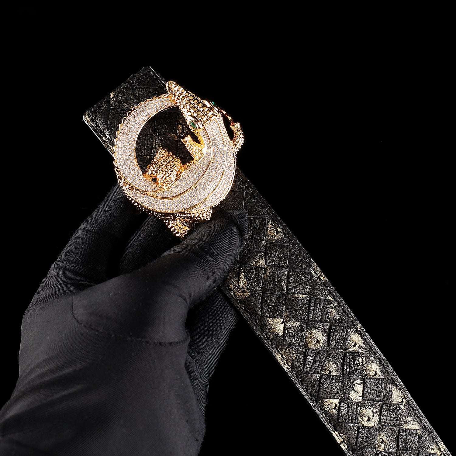 Men’s Handwoven Ostrich Leather Belt – 3D Gold Crocodile Buckle — buckle close-up | BELTLEY