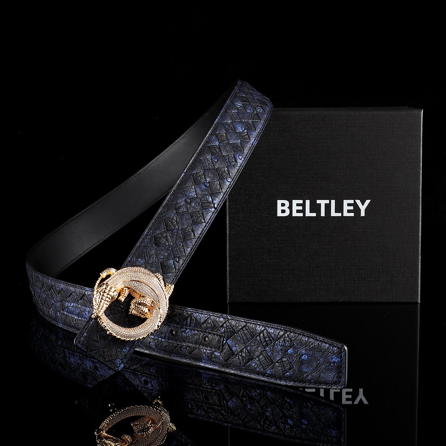 Men’s Handwoven Ostrich Leather Belt – 3D Gold Crocodile Buckle — additional view 12 | BELTLEY