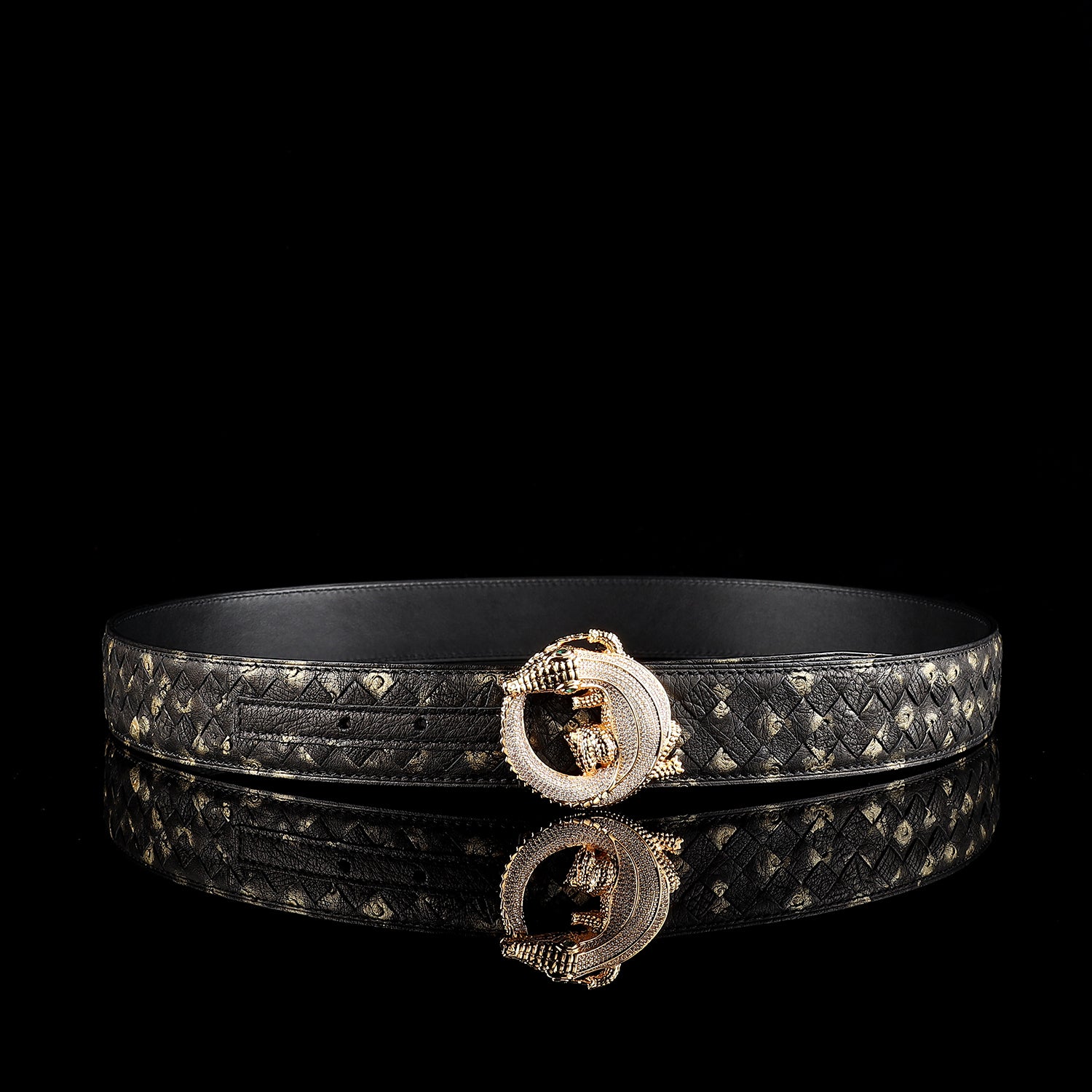 BELTLEY Men’s Handwoven Ostrich Leather Belt – 3D Gold Crocodile Buckle