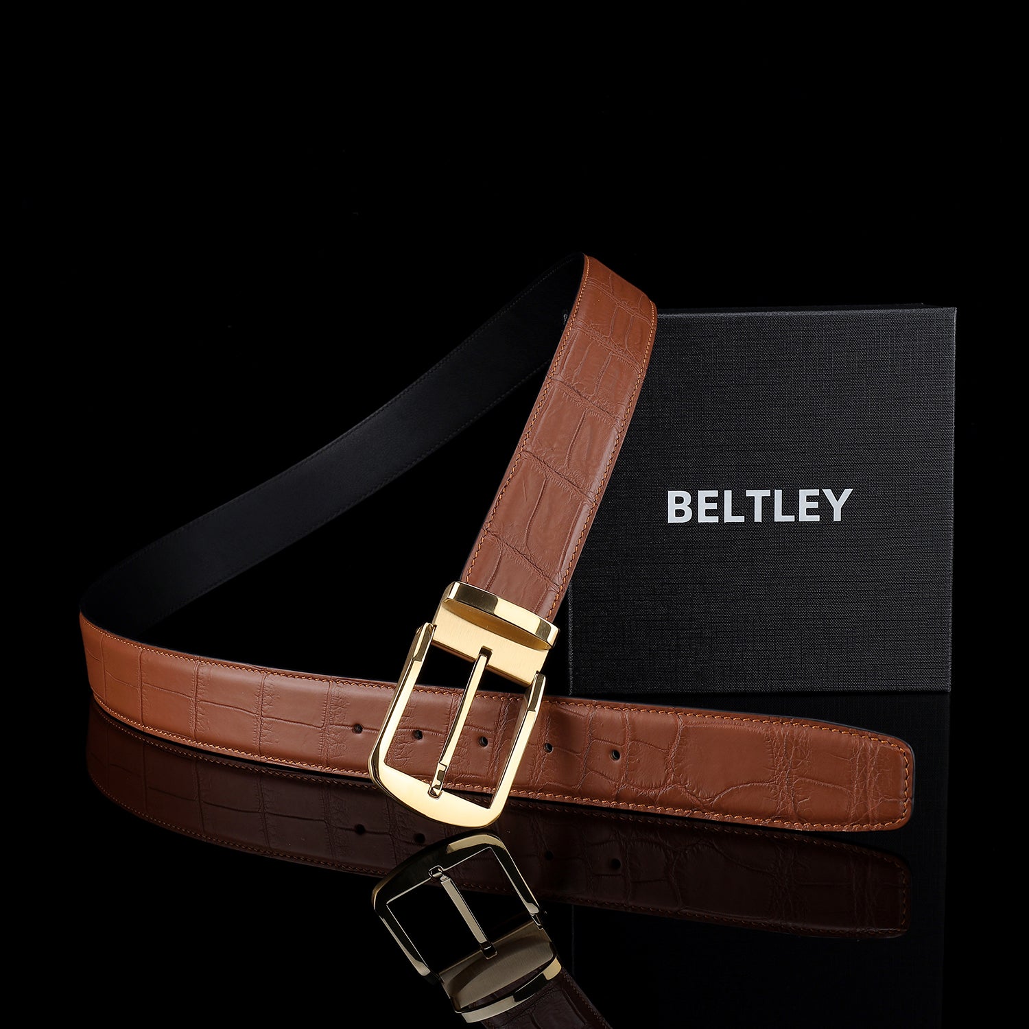 Men's Matte Cognac Tan Real Crocodile Leather Belt — lifestyle shot | BELTLEY