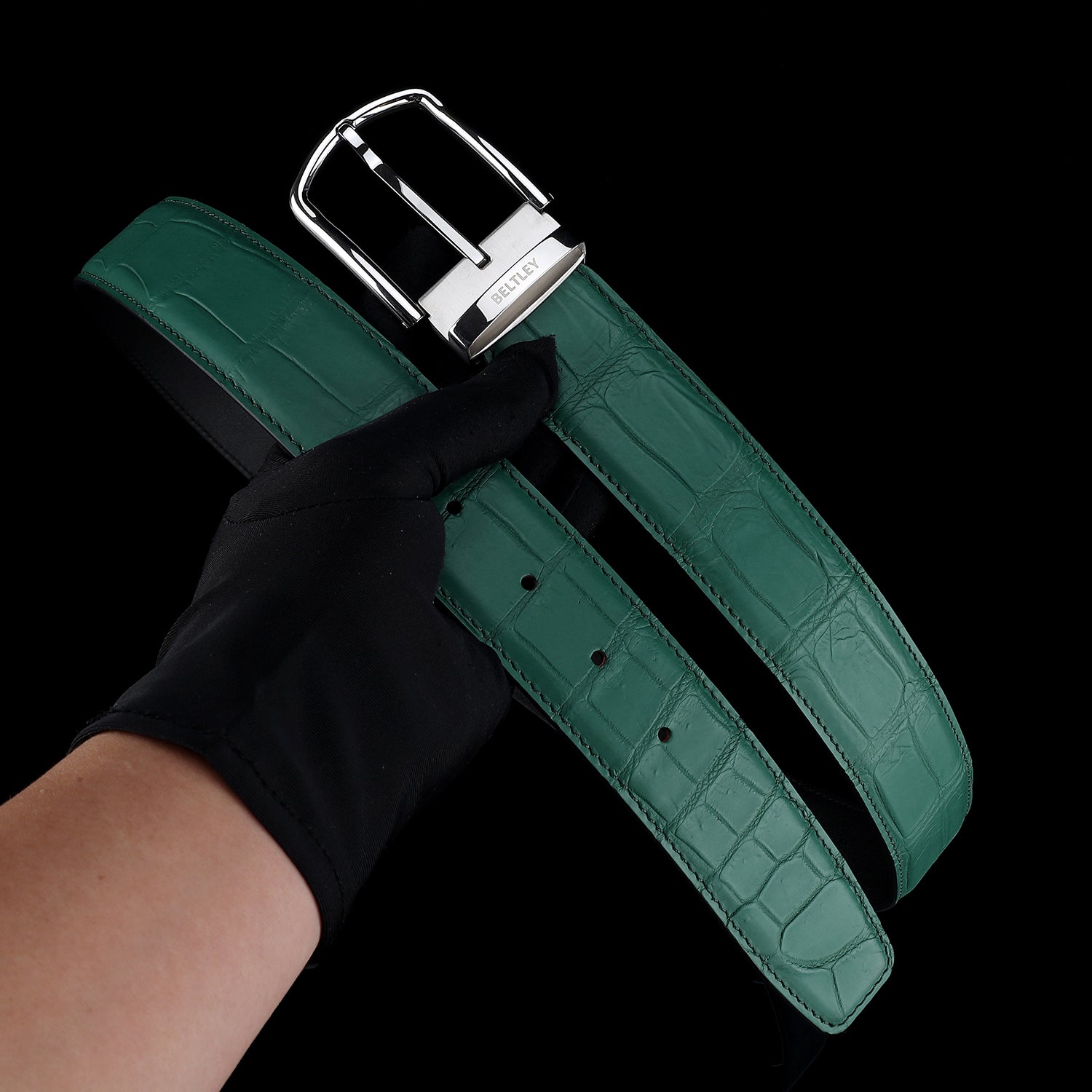 BELTLEY Men's Matte Emerald Green Genuine Crocodile Skin Belt