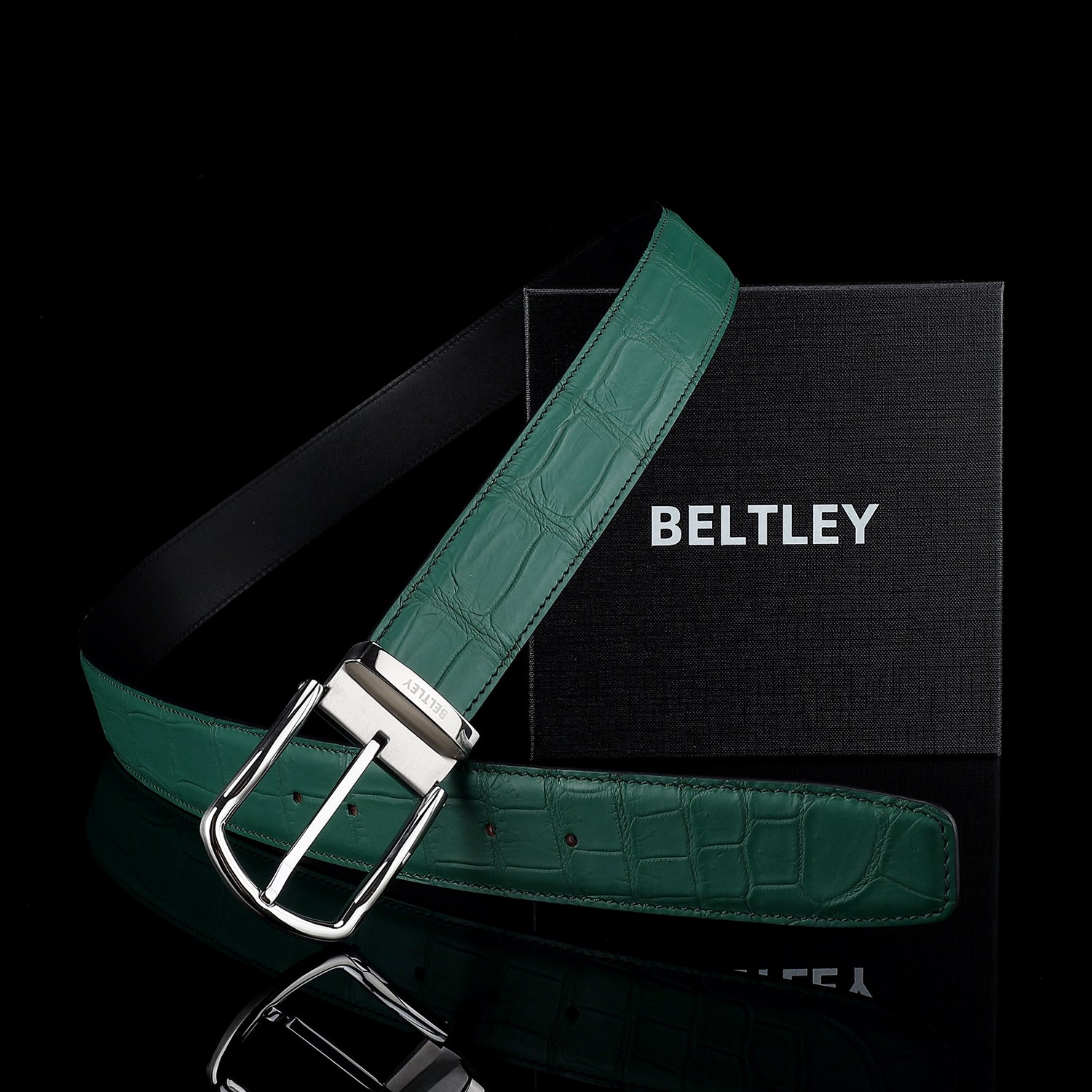 BELTLEY Men's Matte Emerald Green Genuine Crocodile Skin Belt