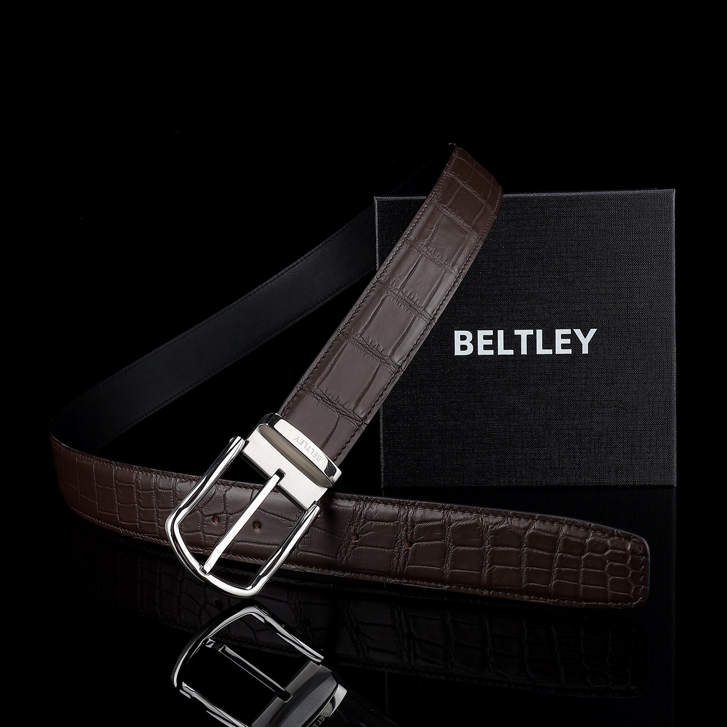 BELTLEY Men's Matte Espresso Brown Crocodile Dress Belt