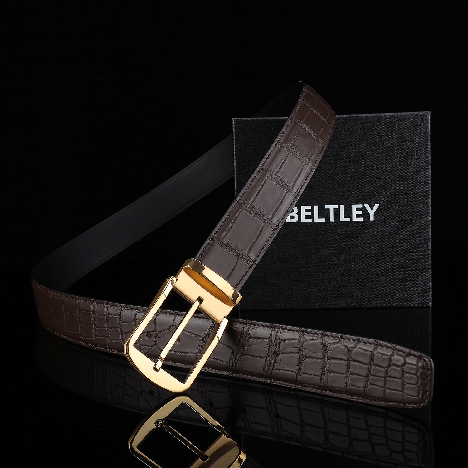 BELTLEY Men's Matte Espresso Brown Crocodile Dress Belt