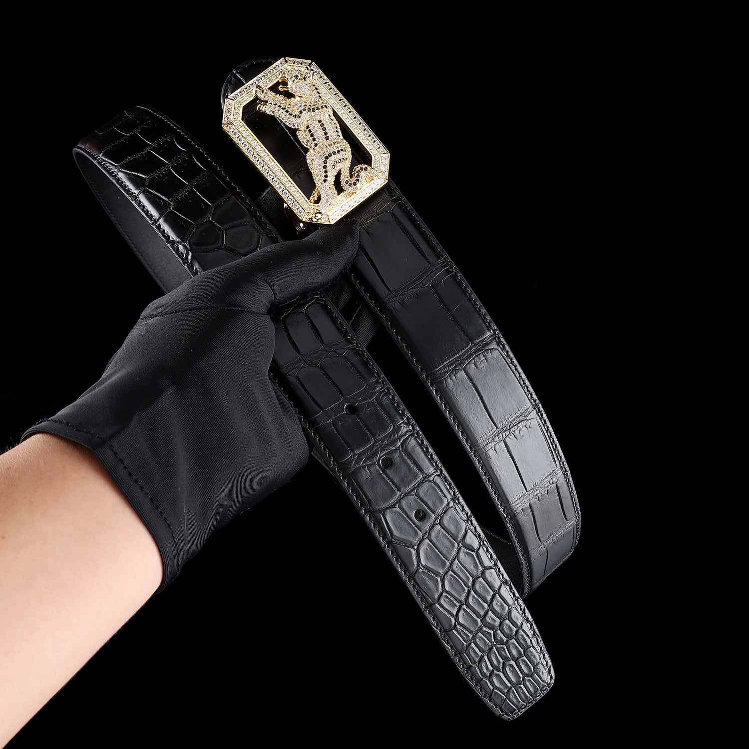 BELTLEY Men's Premium Black Crocodile Belt – Real Exotic Skin- Dog Buckle