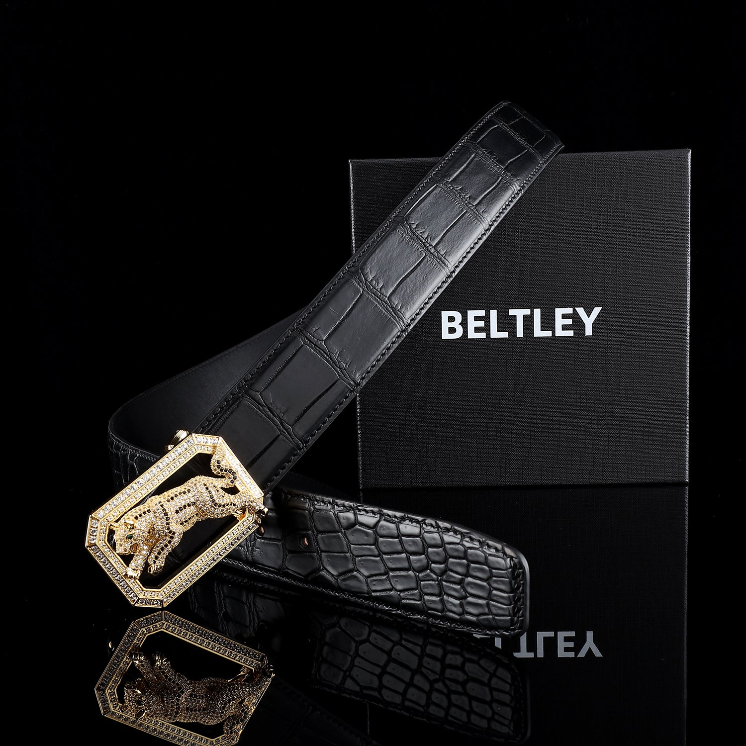 BELTLEY Men's Premium Black Crocodile Belt – Real Exotic Skin- Dog Buckle