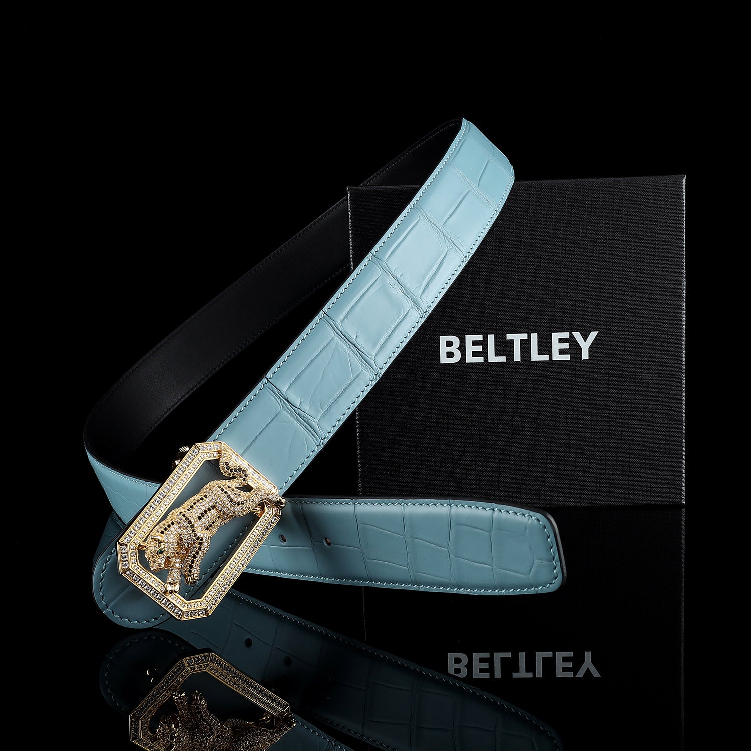 BELTLEY Men's Tiffany Blue Crocodile Belt with Dog Buckle