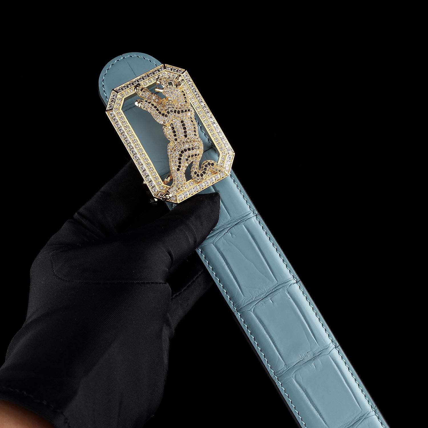 BELTLEY Men's Tiffany Blue Crocodile Belt with Dog Buckle