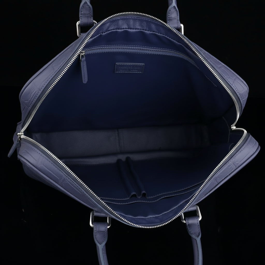 BELTLEY Navy Blue Matte Crocodile Leather Briefcase-Business Bag