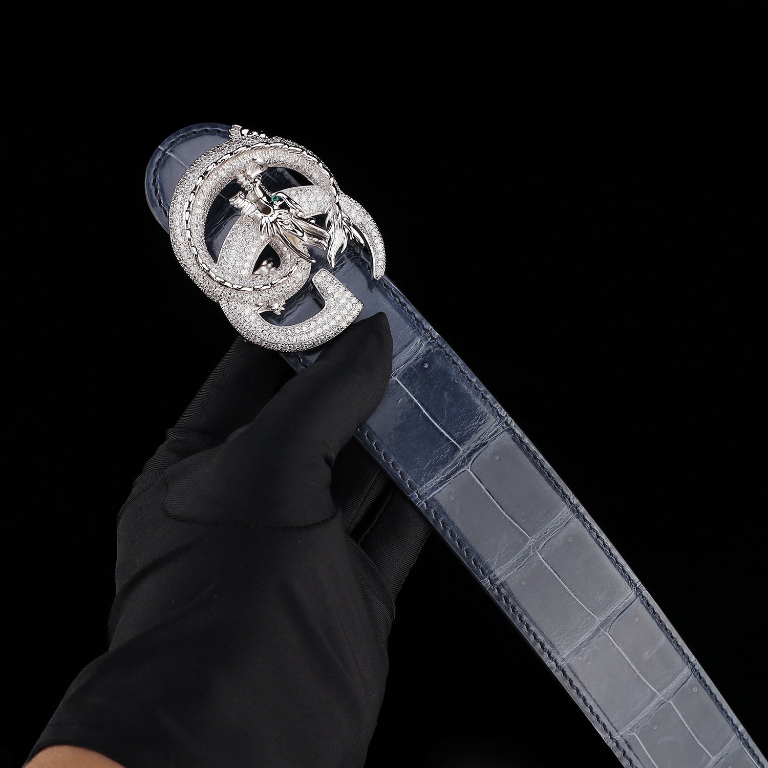BELTLEY Nile Crocodile Storm Blue Glazed Belt With Dragon Buckle