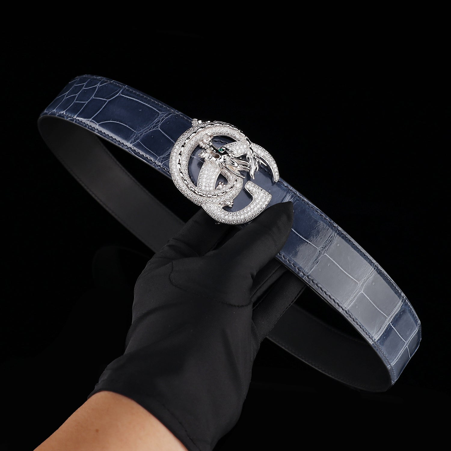 BELTLEY Nile Crocodile Storm Blue Glazed Belt With Dragon Buckle