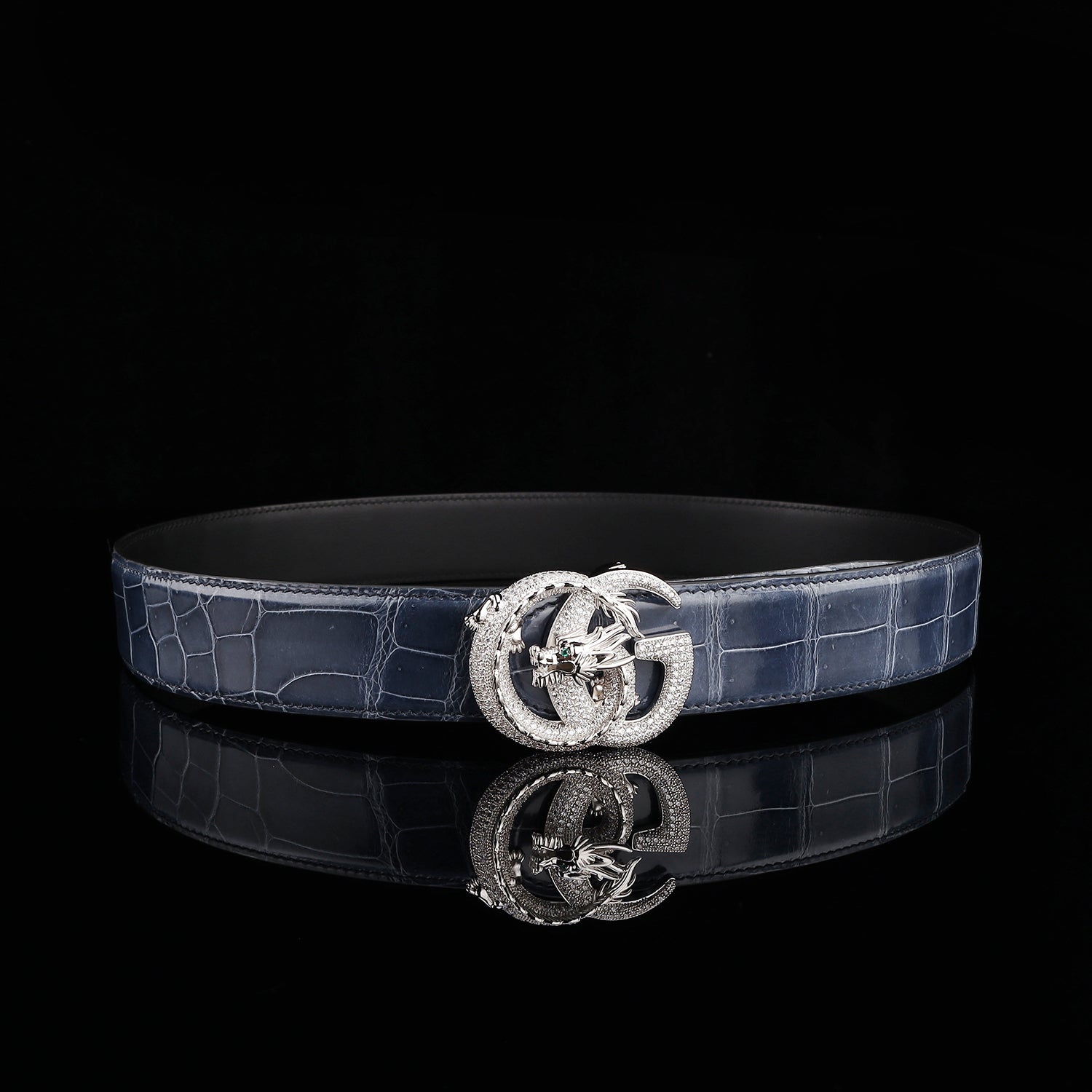 BELTLEY Nile Crocodile Storm Blue Glazed Belt With Dragon Buckle