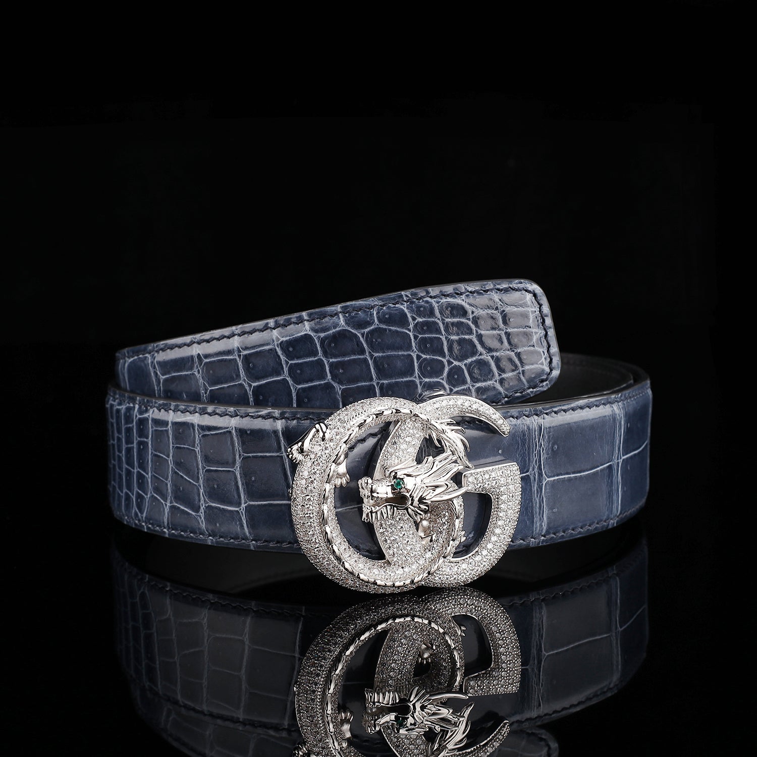BELTLEY Nile Crocodile Storm Blue Glazed Belt With Dragon Buckle