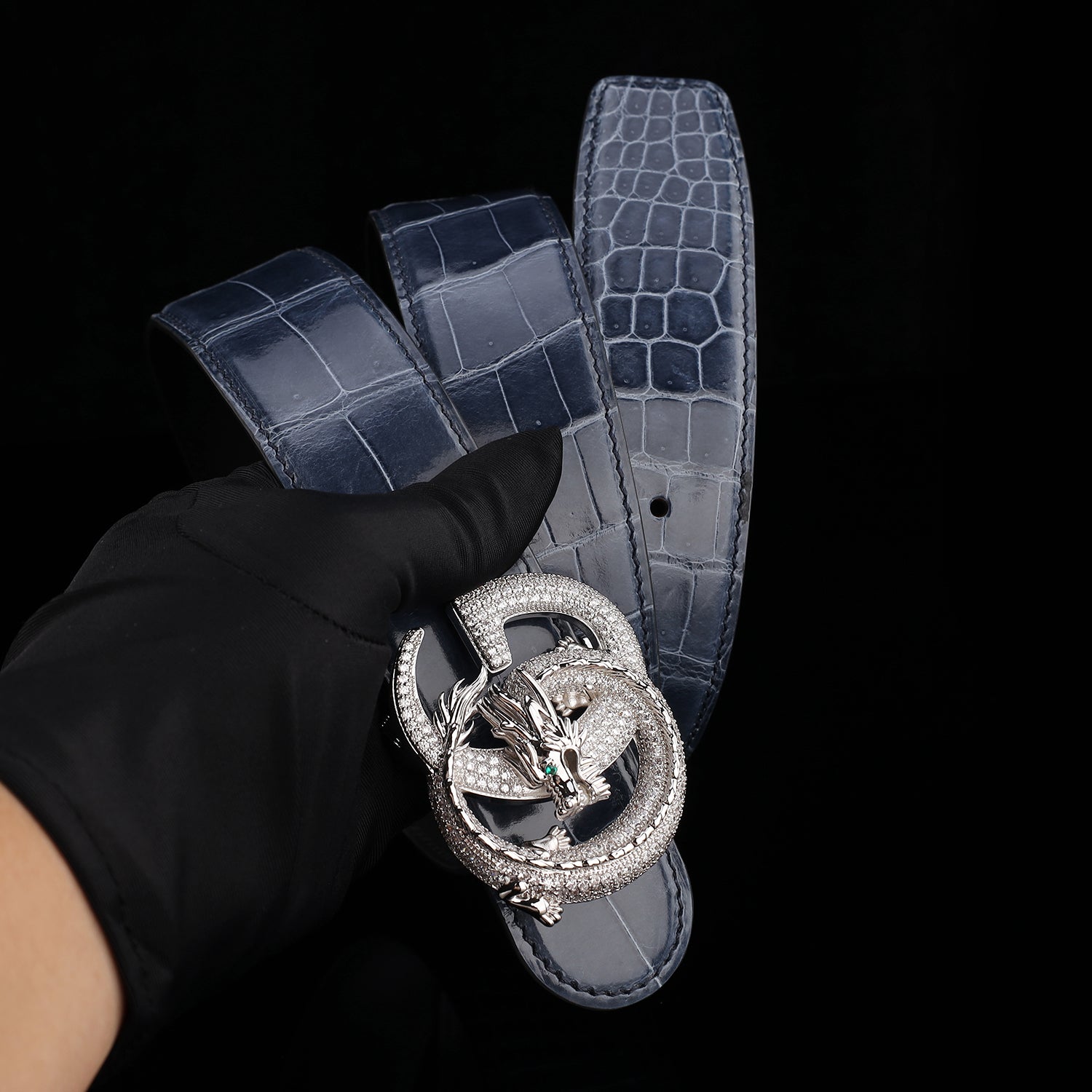 BELTLEY Nile Crocodile Storm Blue Glazed Belt With Dragon Buckle