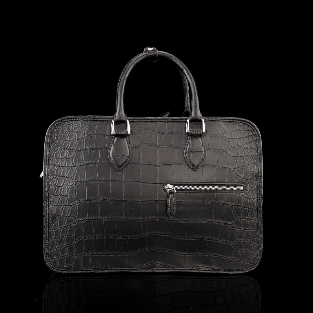 BELTLEY Onyx Black Matte Crocodile Briefcase For Men-Business Bag