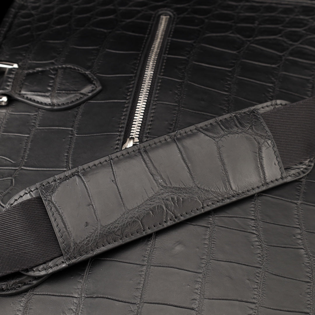 BELTLEY Onyx Black Matte Crocodile Briefcase For Men-Business Bag