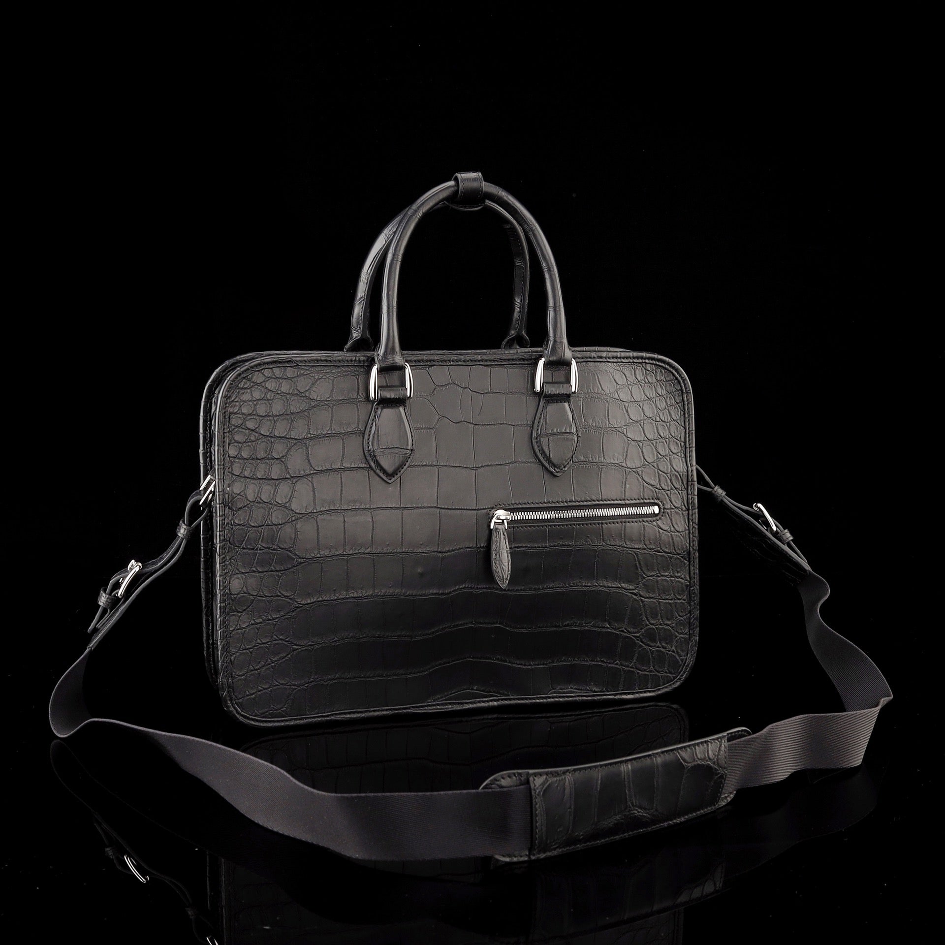 BELTLEY Onyx Black Matte Crocodile Briefcase For Men-Business Bag