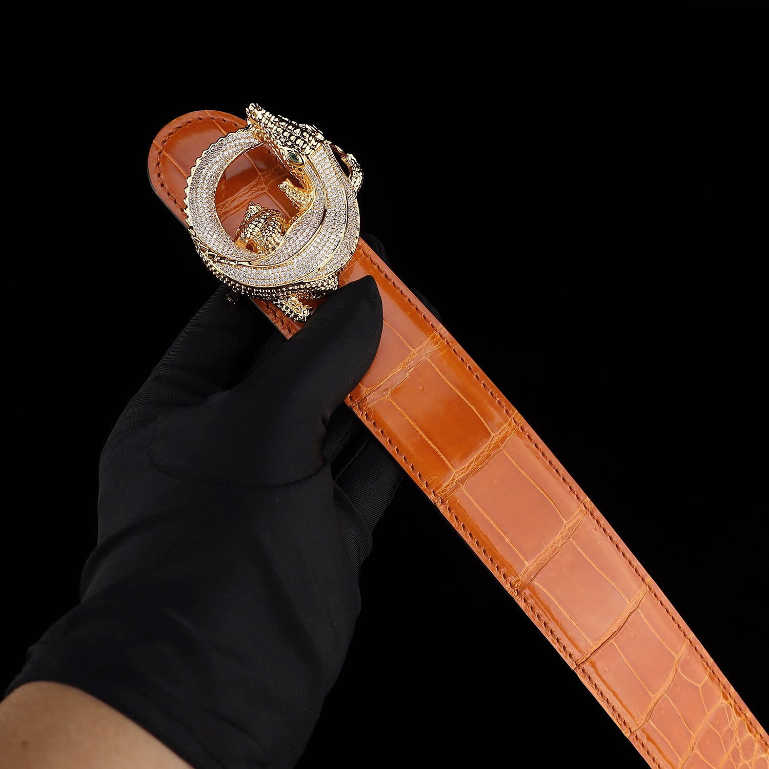 BELTLEY Orange Glossy Nile Crocodile Belt with 3D Crocodile Buckle