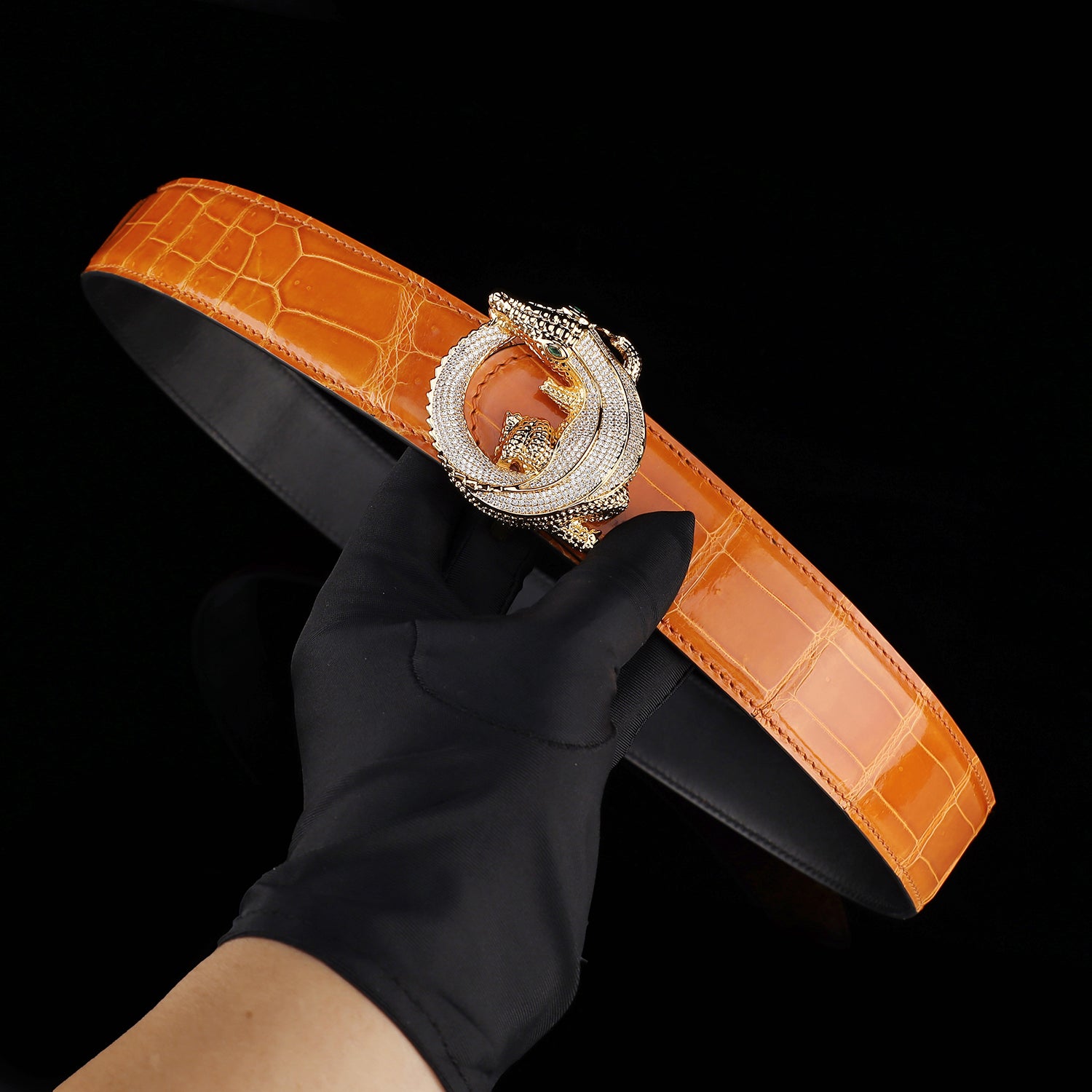 BELTLEY Orange Glossy Nile Crocodile Belt with 3D Crocodile Buckle