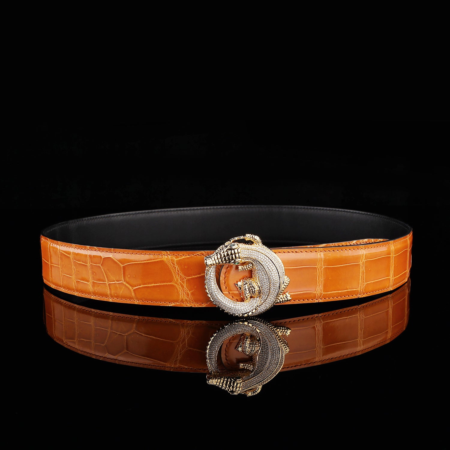 BELTLEY Orange Glossy Nile Crocodile Belt with 3D Crocodile Buckle