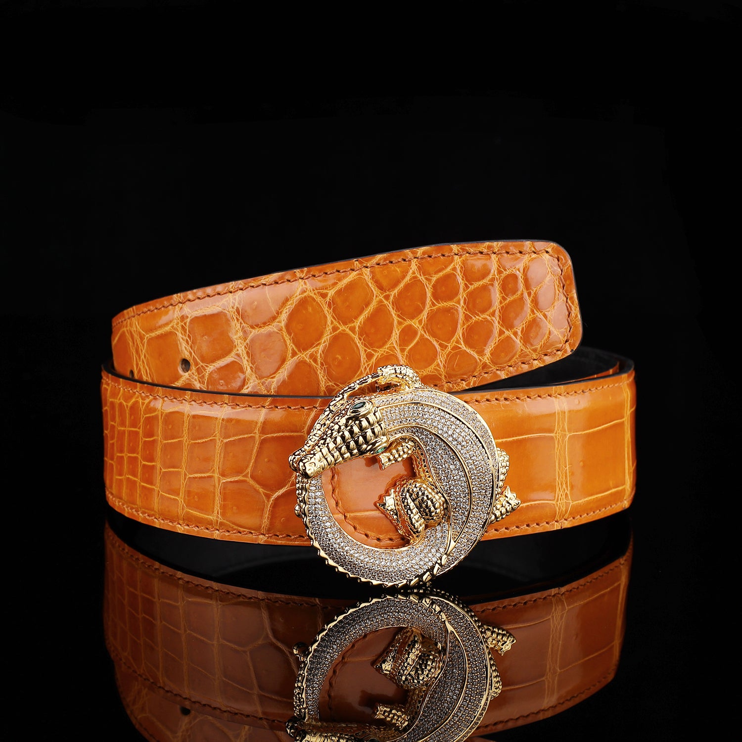 BELTLEY Orange Glossy Nile Crocodile Belt with 3D Crocodile Buckle