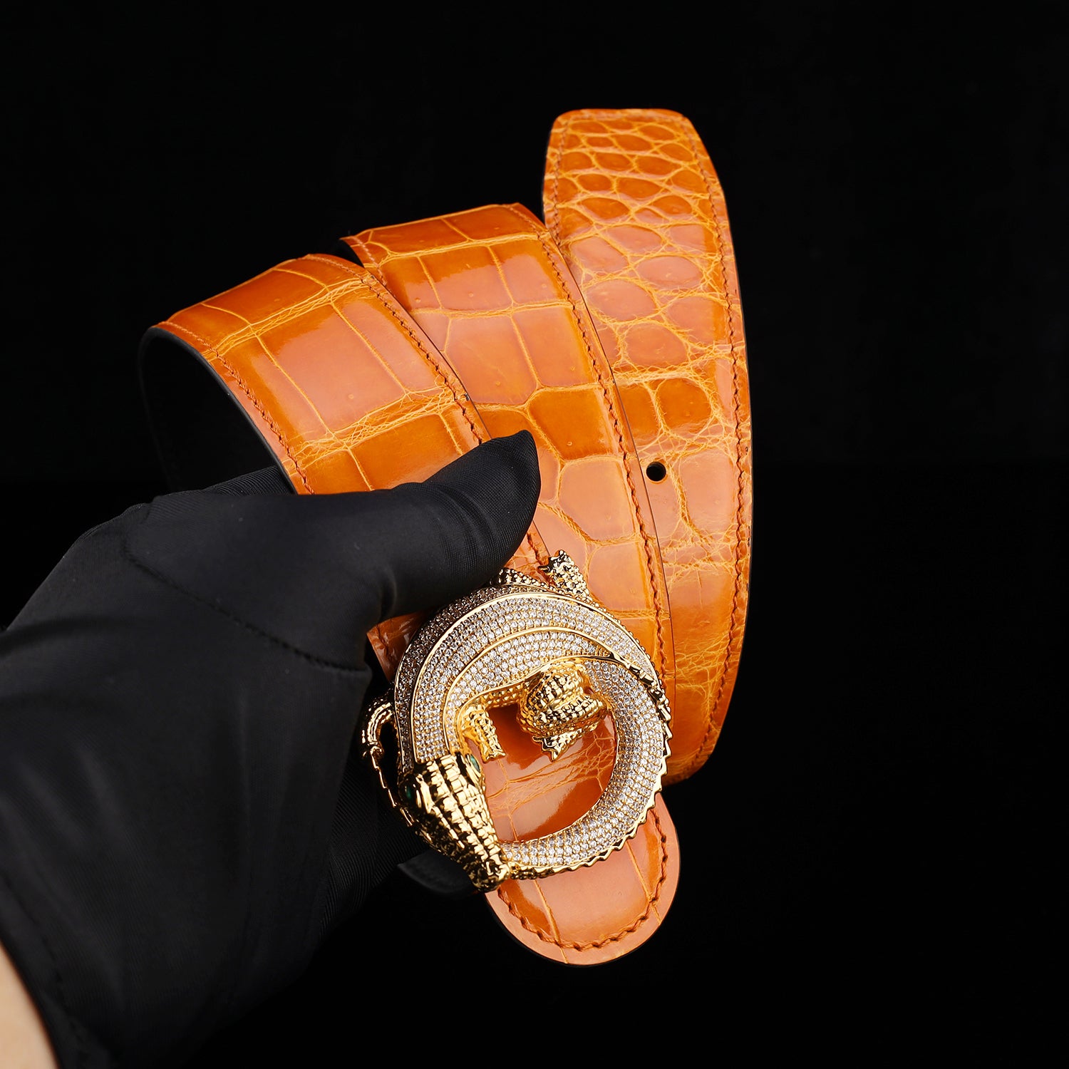 BELTLEY Orange Glossy Nile Crocodile Belt with 3D Crocodile Buckle