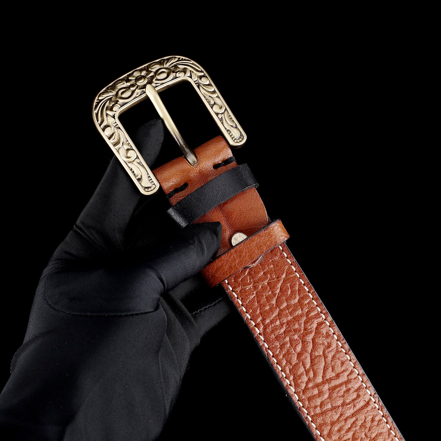 BELTLEY Vintage Belt with Solid Floral Brass Buckle for Men (1.5")