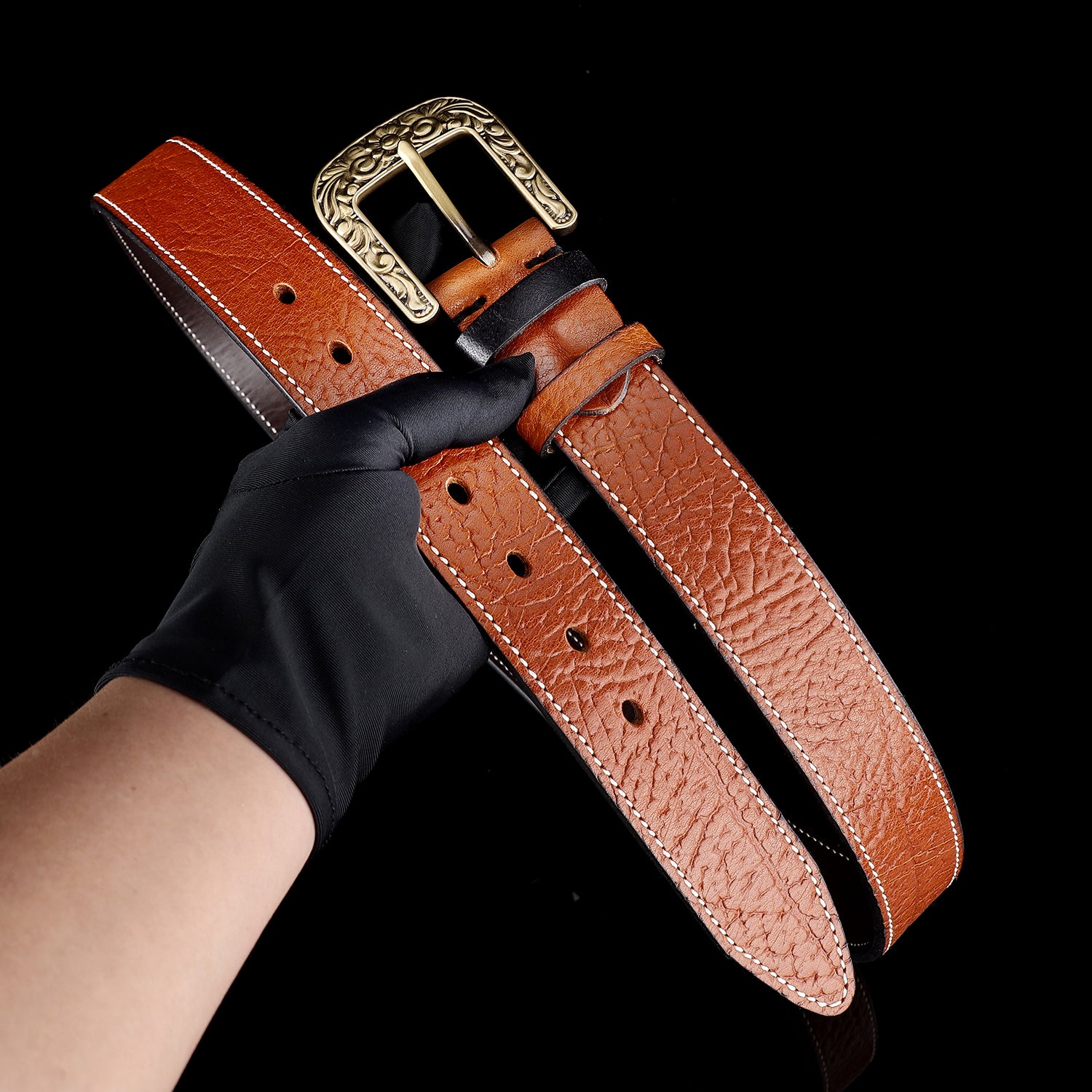 BELTLEY Vintage Belt with Solid Floral Brass Buckle for Men (1.5")