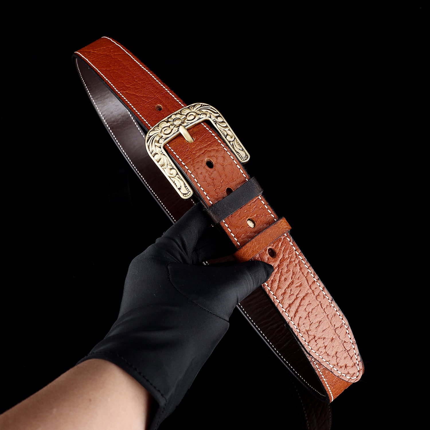 BELTLEY Vintage Belt with Solid Floral Brass Buckle for Men (1.5")
