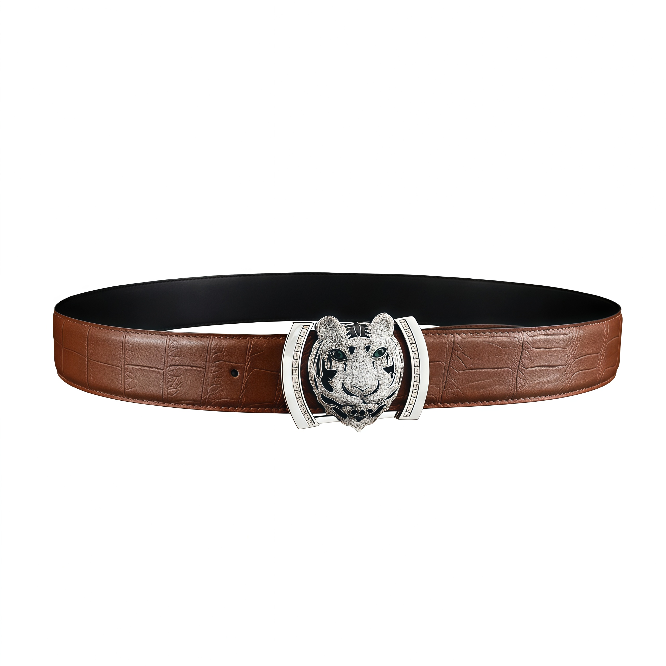 BELTLEY Original Brown Crocodile Skin Belt with Silver Tiger Buckle