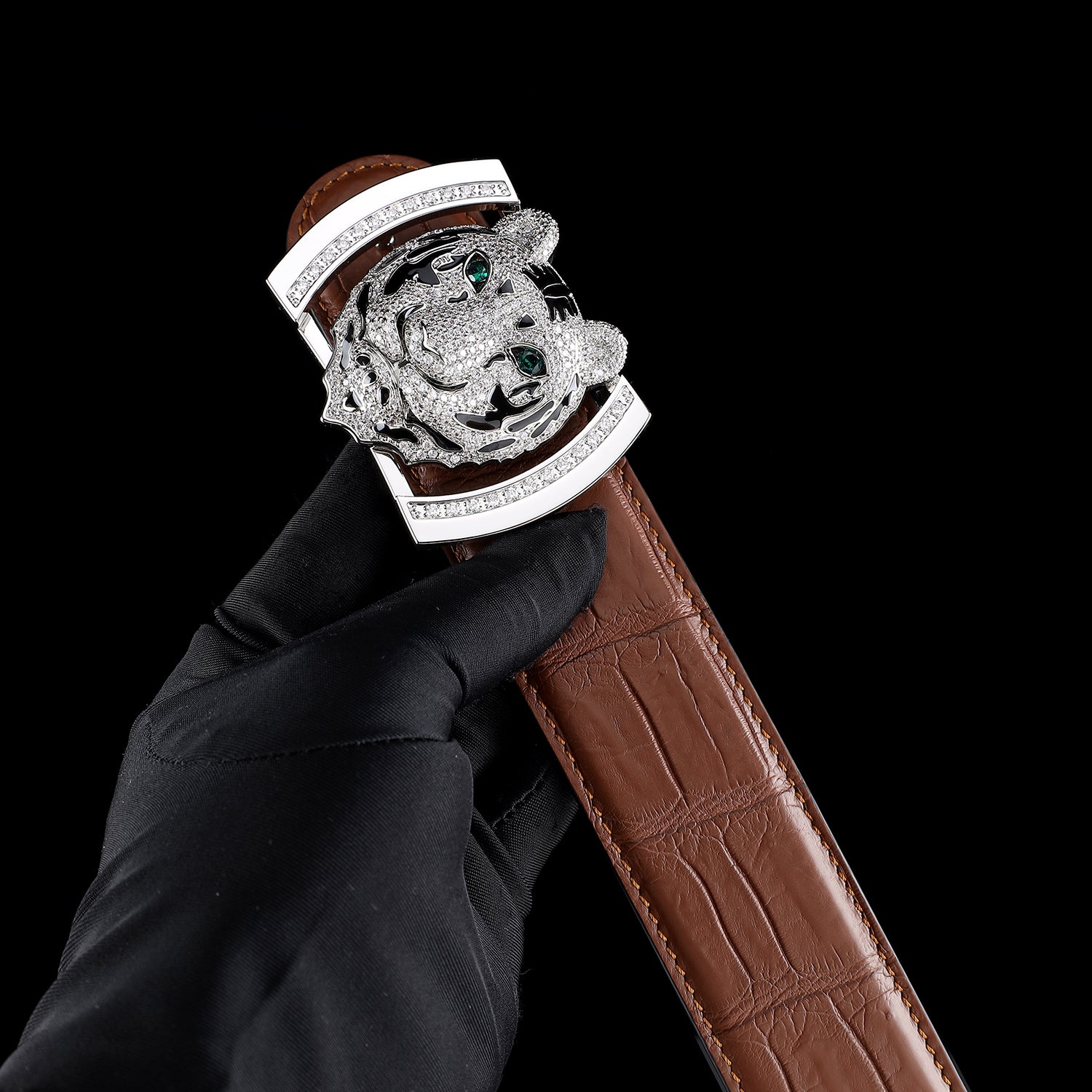 BELTLEY Original Brown Crocodile Skin Belt with Silver Tiger Buckle